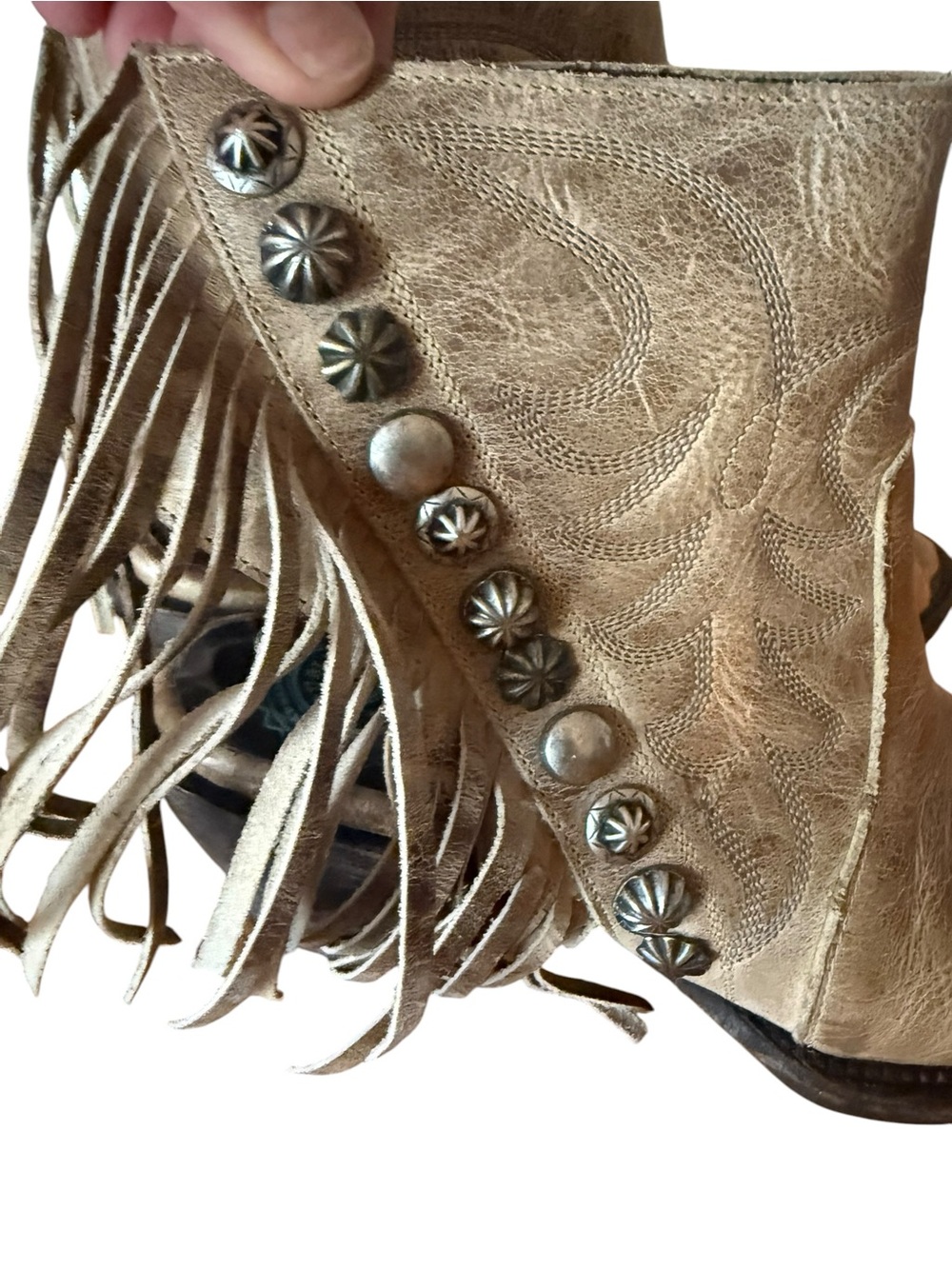 Double D Ranch Brown Beige Leather Western Boots Studded Braided Trim 8 - Picture 3 of 12